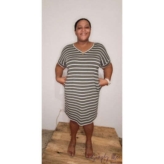 Light Olive/ Ivory Stripe V-Neck Dress with Pockets